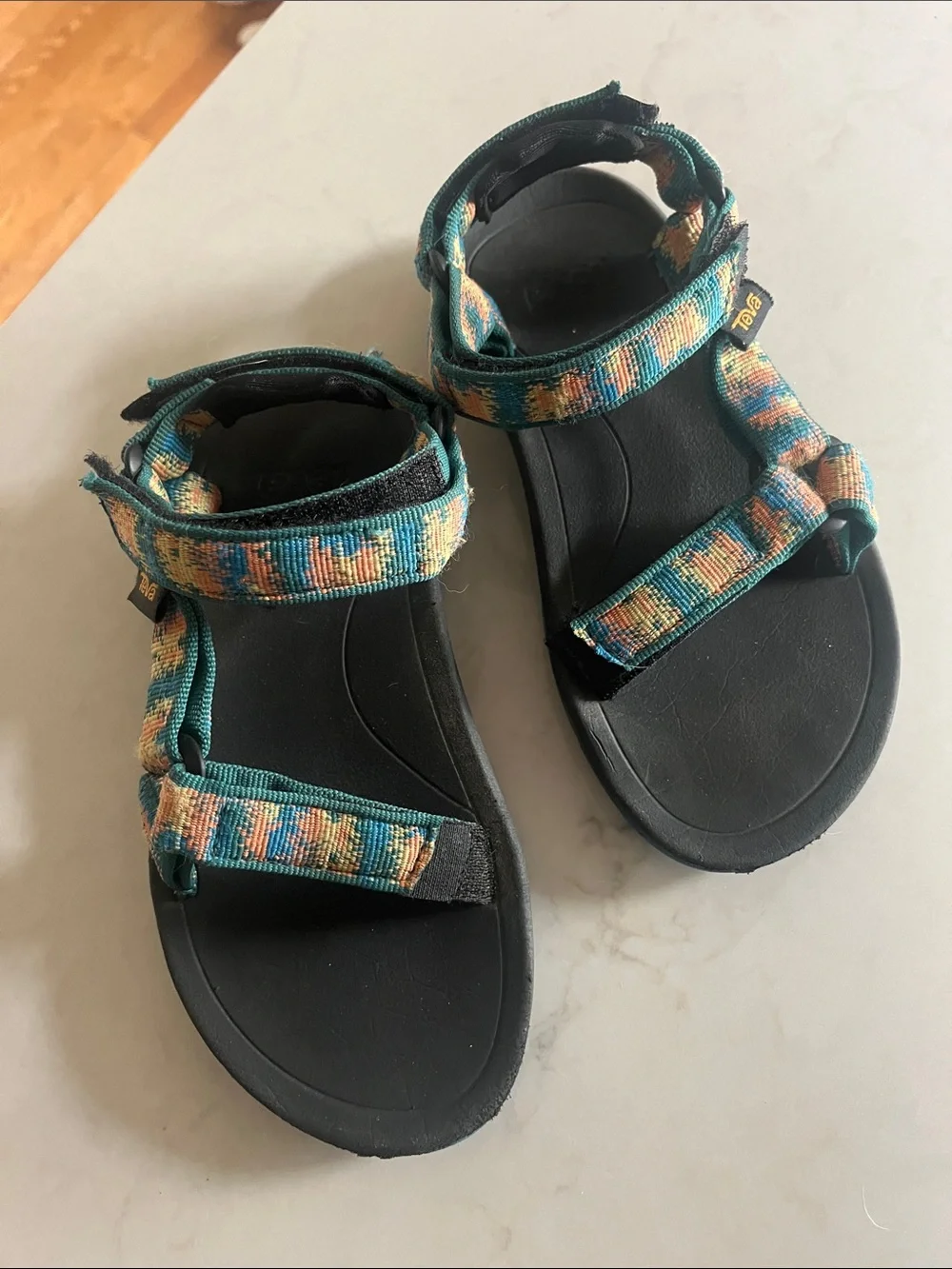 Teva Kids Adjustable Sport Sandals in Teal and Peach Pattern